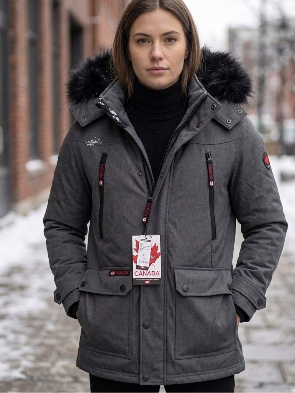 Canada Weatherproof Hooded Parka Jacket - Gray with Black Fur Trim